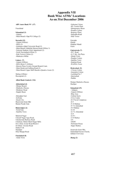 Appendix VII Bank Wise Atms' Locations As on 31St December 2006