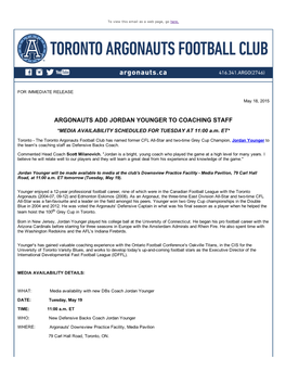ARGONAUTS ADD JORDAN YOUNGER to COACHING STAFF *MEDIA AVAILABILITY SCHEDULED for TUESDAY at 11:00 A.M