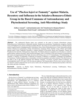 Famonty Or Pluchea Bojeri, Ethnobotany, Phytochemical Screening, Traditherapists, Moasy, Phytomedicament, Dysentery, Malaria