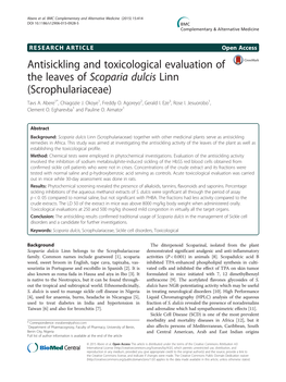 Antisickling and Toxicological Evaluation of the Leaves of Scoparia Dulcis Linn (Scrophulariaceae) Tavs A