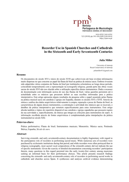 Recorder Use in Spanish Churches and Cathedrals in the Sixteenth and Early Seventeenth Centuries