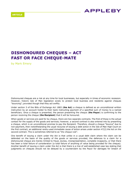 DISHONOURED CHEQUES – ACT FAST OR FACE CHEQUE-MATE by Mark Emery