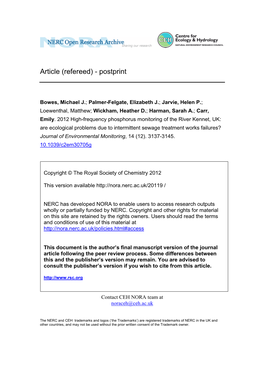 High-Frequency Phosphorus Monitoring of the River Kennet, UK