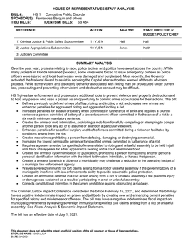 HOUSE of REPRESENTATIVES STAFF ANALYSIS BILL #: HB 1 Combating Public Disorder SPONSOR(S)