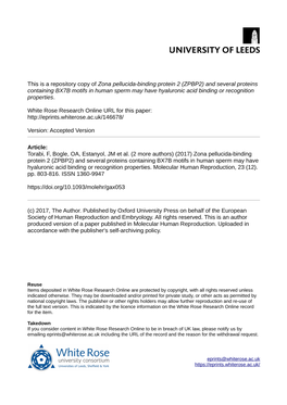 (ZPBP2) and Several Proteins Containing BX7B Motifs in Human Sperm May Have Hyaluronic Acid Binding Or Recognition Properties