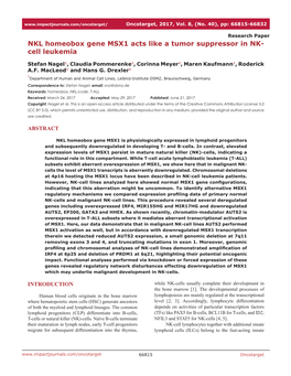 NKL Homeobox Gene MSX1 Acts Like a Tumor Suppressor in NK- Cell Leukemia