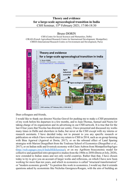 Theory and Evidence for a Large-Scale Agroecological Transition in India CSH Seminar, 15Th February 2021, 17:00-18:30