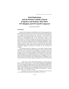 Irish Radicalism and the Roman Catholic Church in Quebec and Ireland, 1833-1834: O'callaghan and O'connell Compared