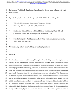 Phylogeny of Paullinia L. (Paullinieae: Sapindaceae), a Diverse Genus of Lianas with Rapid 2 Fruit Evolution 3 4 Joyce G