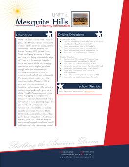 Mesquite Hills Community Take Exit Toward US-54/Mccombs/Dyer St and Merge Onto Woodrow Bean Transmountain Dr Rises out of the Desert As a Cozy, Serene