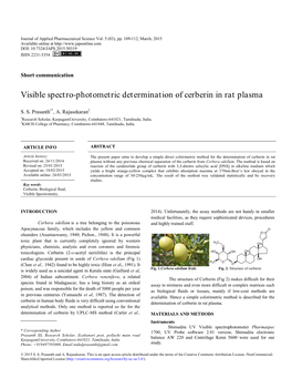 Visible Spectro-Photometric Determination of Cerberin in Rat Plasma