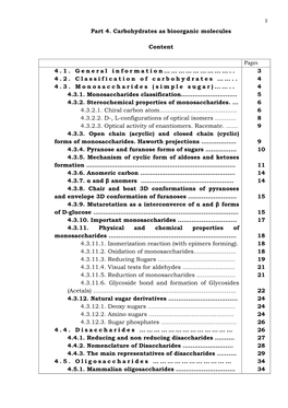 1 Part 4. Carbohydrates As Bioorganic Molecules Сontent Pages 4.1