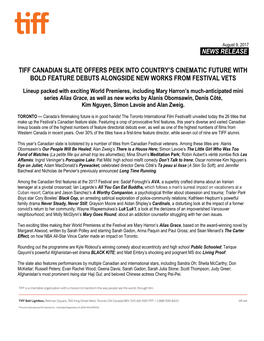 News Release. Tiff Canadian Slate Offers Peek Into