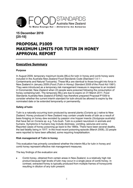 Proposal P1009 Maximum Limits for Tutin in Honey Approval Report