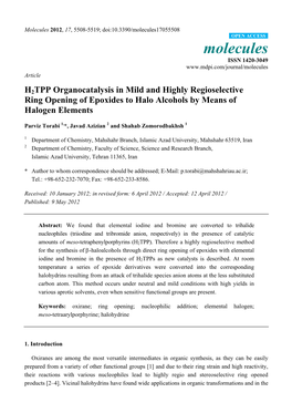 H2TPP Organocatalysis in Mild and Highly Regioselective Ring Opening of Epoxides to Halo Alcohols by Means of Halogen Elements