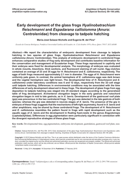 Early Development of the Glass Frogs Hyalinobatrachium Fleischmanni and Espadarana Callistomma (Anura: Centrolenidae) from Cleavage to Tadpole Hatching