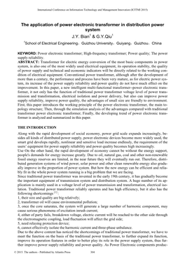 The Application of Power Electronic Transformer in Distribution Power System J.Y. Bian1 & G.Y.Qiu1