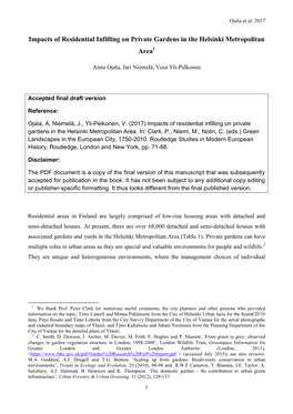 Impacts of Residential Infilling on Private Gardens in the Helsinki Metropolitan Area1