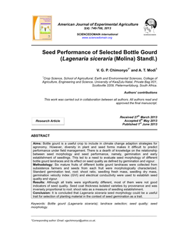 Seed Performance of Selected Bottle Gourd (Lagenaria Siceraria (Molina) Standl.)