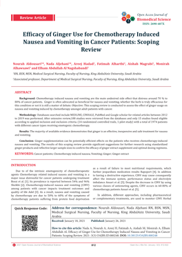 Efficacy of Ginger Use for Chemotherapy Induced Nausea and Vomiting in Cancer Patients: Scoping Review