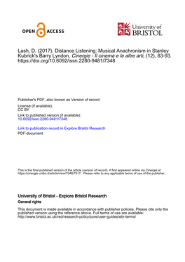 Distance Listening: Musical Anachronism in Stanley Kubrick's Barry Lyndon