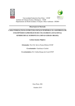 Universidade Federal De Ouro Preto – UFOP Instituto De Ciências Exatas E Biológicas – ICEB Departamento De Biodiversidade, Evolução E Meio Ambiente - DEBIO