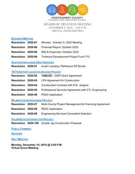 Board of Trustees Meeting November 9, 2020 – 2:00 P.M