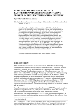 Structure of the Public Private Partnership/Private Finance Initiative Market in the Uk Construction Industry