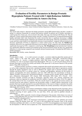 Evaluation of Fertility Parameters in Benign Prostatic Hyperplasia Patients Treated with 5 Alph-Reductase Inhibitor (Finasteride) in Amara City/Iraq