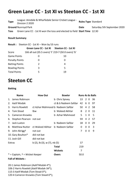 Green Lane CC - 1St XI Vs Steeton CC - 1St XI