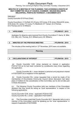 (Public Pack)Minutes Document for Planning, Taxi Licensing & Rights