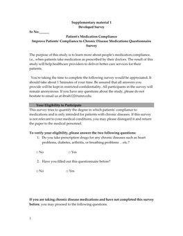 Patient's Medication Compliance Improve Patients' Compliance to Chronic Disease Medications Questionnaire Survey