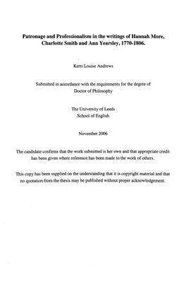 Patronage and Professionalism in the Writings of Hannah More, Charlotte Smith and Ann Yearsley, 1770-1806