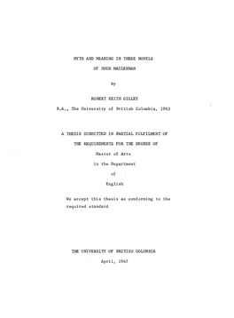 Myth and Meaning in Three Novels of Hugh Maclennan