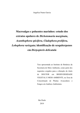 Estudo Dos Extratos Apolares De Dichotomaria Marginata, Acanthophora Spicifera, Cladophora Prolifera, Lobophora Variegata; Identificação De Sesquiterpenos