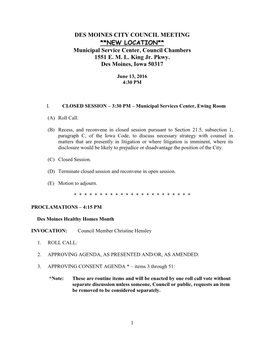 Des Moines City Council Agenda for 6/13/2016 Regular Meeting