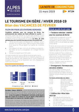 LE TOURISME EN ISÈRE / HIVER 2018-19 Bilan Des VACANCES DE FEVRIER PLEIN SKI POUR LES STATIONS ISEROISES POUR ALLER PLUS LOIN