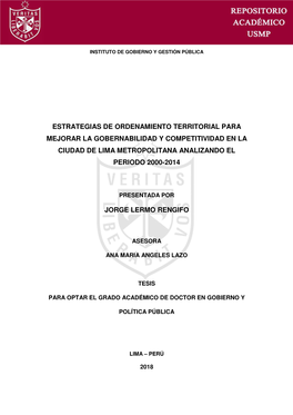 Estrategias De Ordenamiento Territorial Para Mejorar La Gobernabilidad Y Competitividad En La Ciudad De Lima Metropolitana Analizando El Periodo 2000-2014