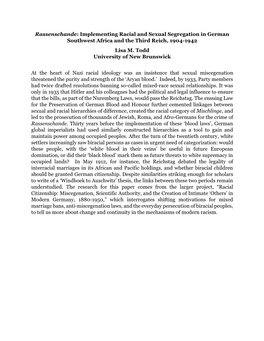 Rassenschande: Implementing Racial and Sexual Segregation in German Southwest Africa and the Third Reich, 1904-1942 Lisa M