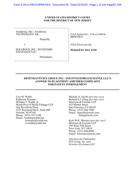 NASDAQ TECHNOLOGY AB, Plaintiffs, V. IEX GROUP, INC