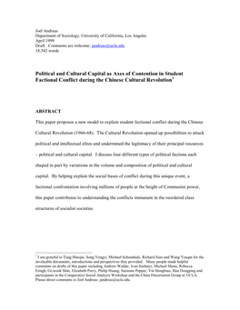 Political and Cultural Capital As Axes of Contention in Student Factional Conflict During the Chinese Cultural Revolution1