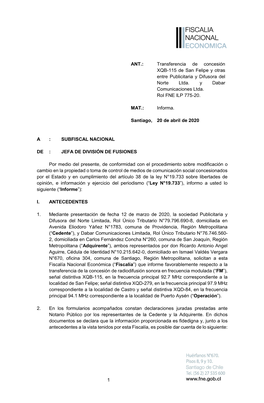 Transferencia De Concesión XQB-115 De San Felipe Y Otras Entre Publicitaria Y Difusora Del Norte Ltda