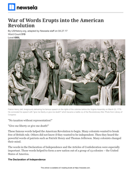 War of Words Erupts Into the American Revolution by Ushistory.Org, Adapted by Newsela Staff on 04.27.17 Word Count 519 Level 690L