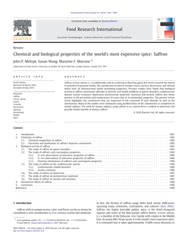 Chemical and Biological Properties of the World's Most Expensive Spice: Saffron