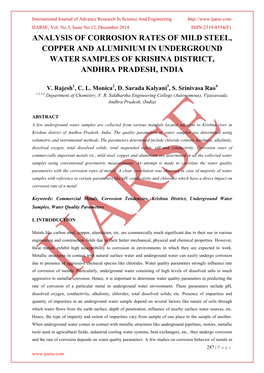 Analysis of Corrosion Rates of Mild Steel, Copper and Aluminium in Underground Water Samples of Krishna District, Andhra Pradesh, India