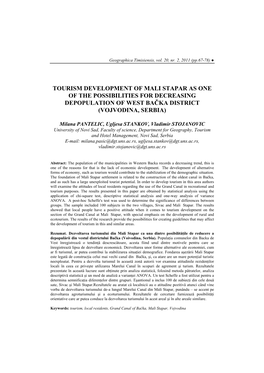 Tourism Development of Mali Stapar As One of the Possibilities for Decreasing Depopulation of West Bačka District (Vojvodina, Serbia)