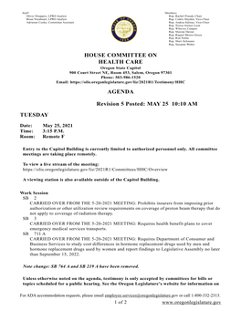 HOUSE COMMITTEE on HEALTH CARE AGENDA Revision 5 Posted