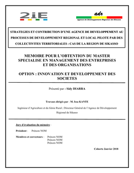 Memoire Pour L'obtention Du Master Specialise En Management Des Entreprises Et Des Organisations Option : Innovation Et Develo