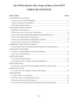 Songs of Space Travel 2019 TABLE of CONTENTS