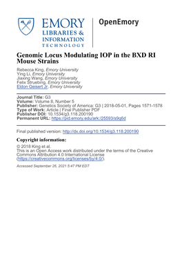 Genomic Locus Modulating IOP in the BXD RI Mouse